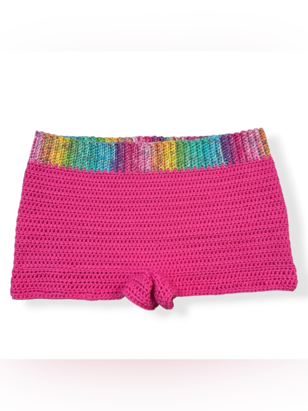 Handmade Crochet Mini Shorts Womens M Medium Rainbow Waistband‎ Pink 100% Cotton